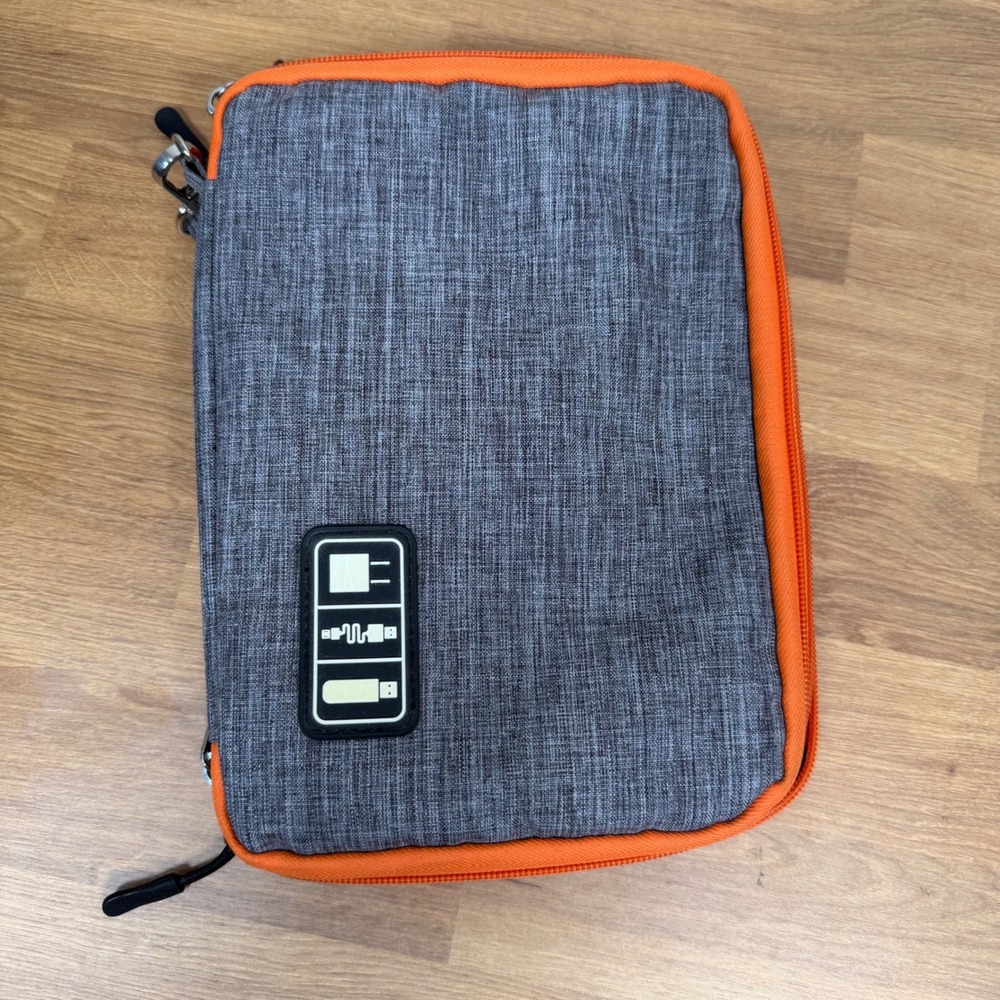 Gray Orange Travel Electronics Organizer Bag Cable Tech Accessory Double Layer